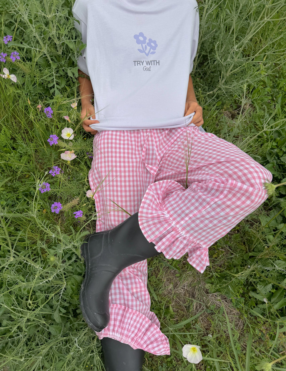 Light lavender unisex T-shirt back print with flower icons and TRY text