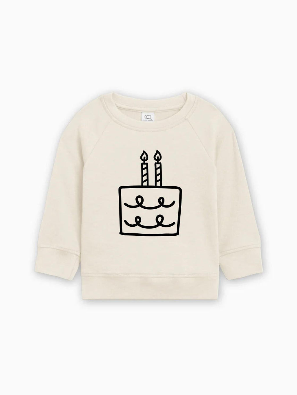 Cream baby pullover sweatshirt with birthday cake graphic on front