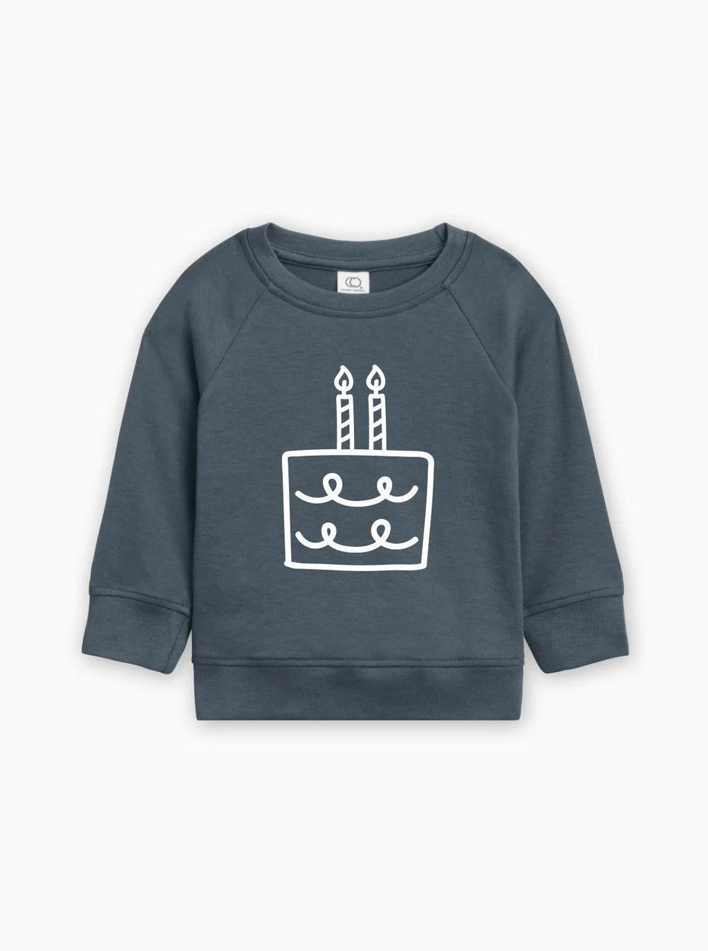 Navy baby pullover sweatshirt with birthday cake graphic on front