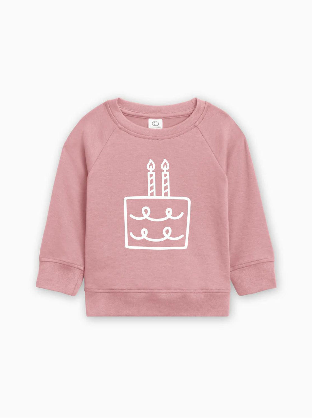 Dusty rose baby pullover sweatshirt with birthday cake graphic on front