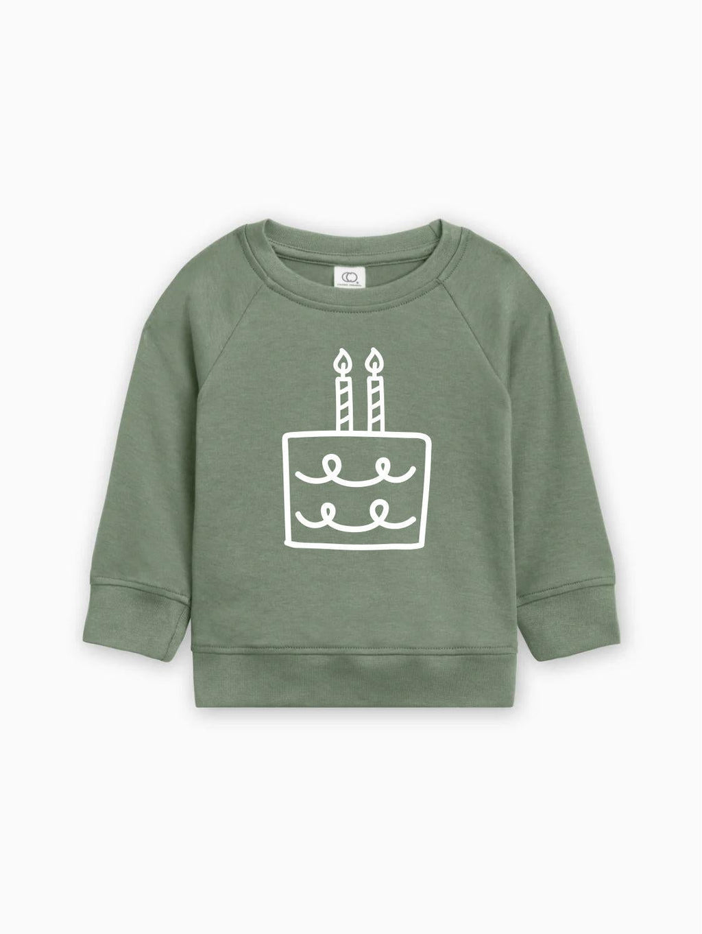 Green baby pullover sweatshirt with birthday cake graphic on front