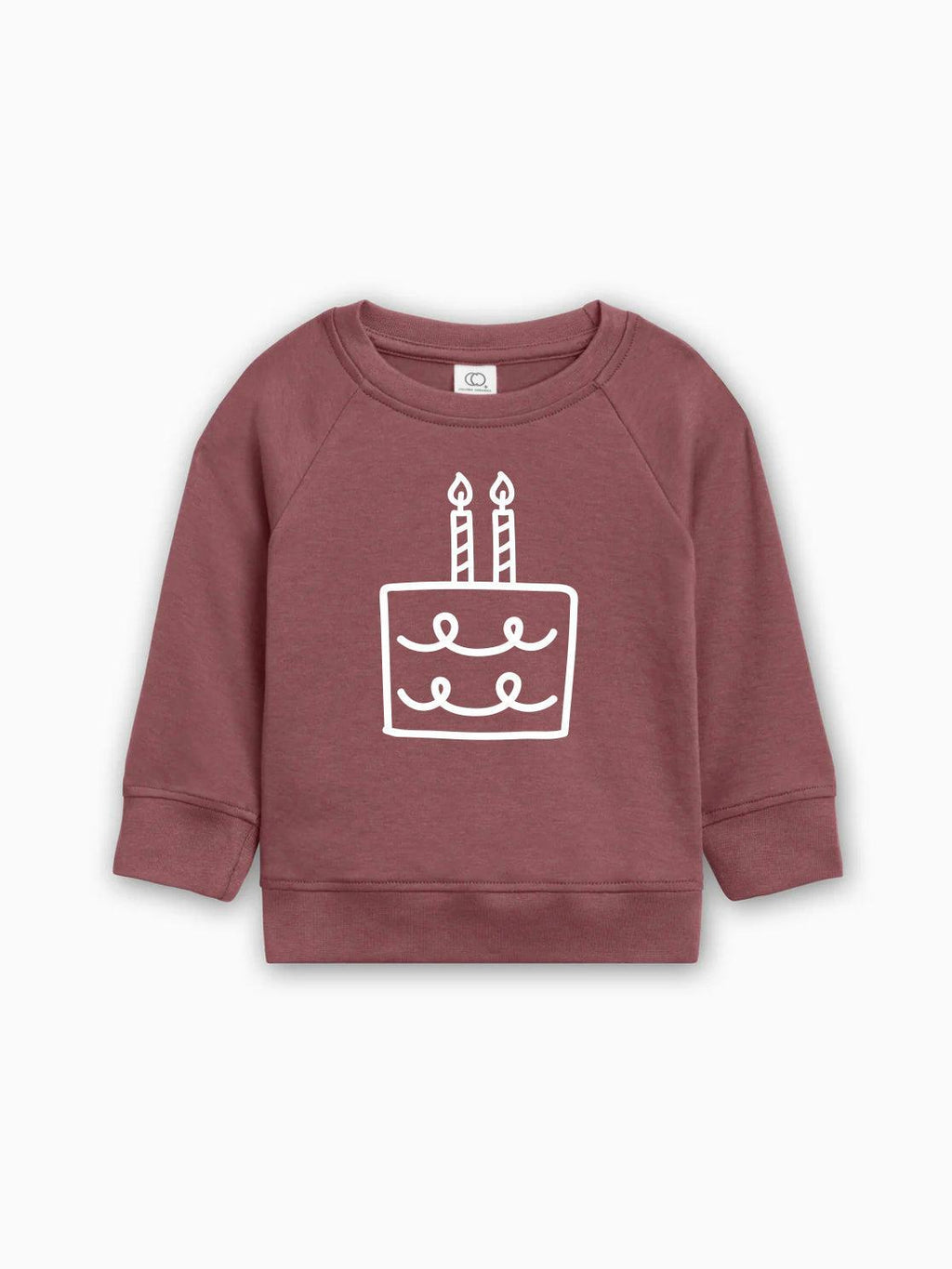 Maroon baby pullover sweatshirt with birthday cake graphic on front