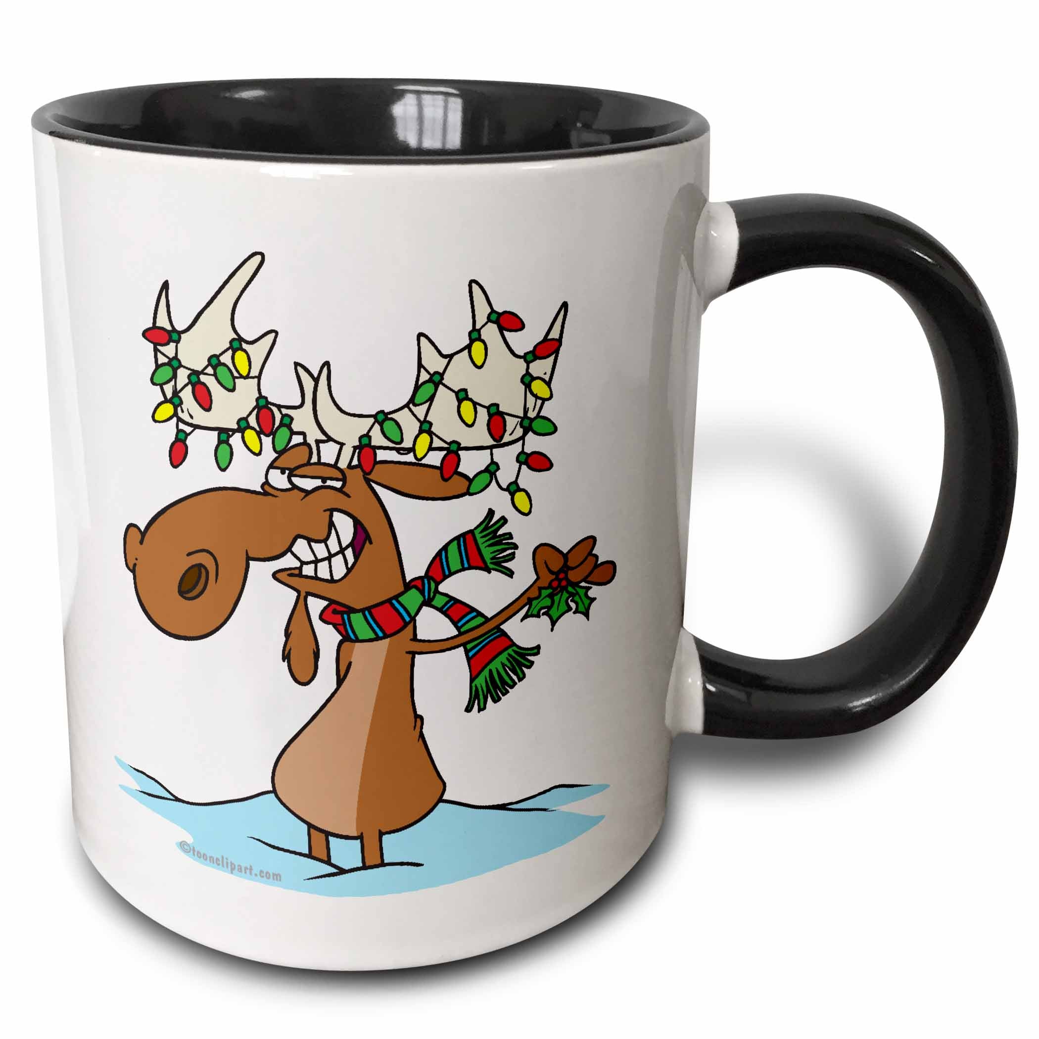 Black two-tone mug with cartoon moose holding Christmas lights and candy cane