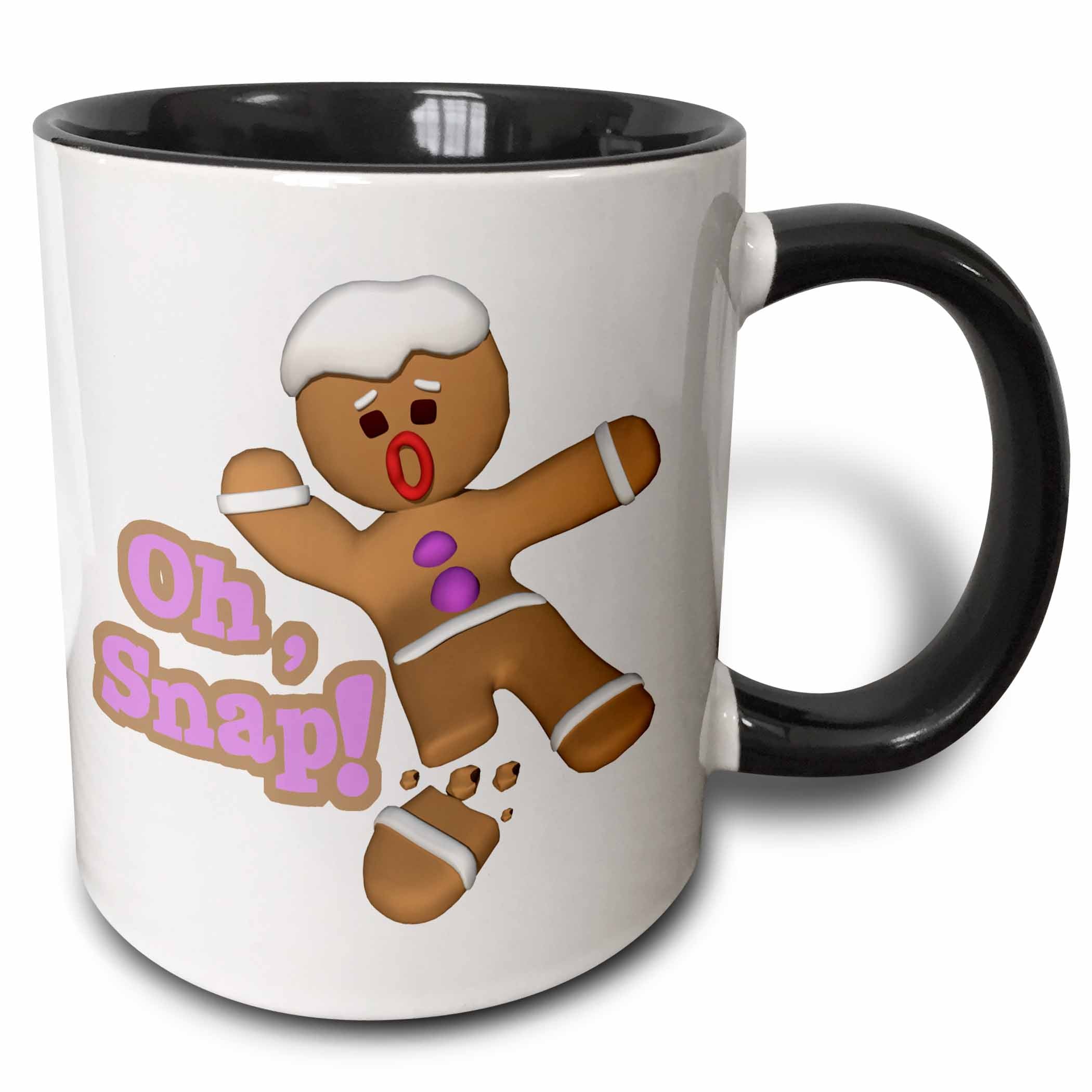 Black and white mug with gingerbread Oh Snap! graphic and black handle