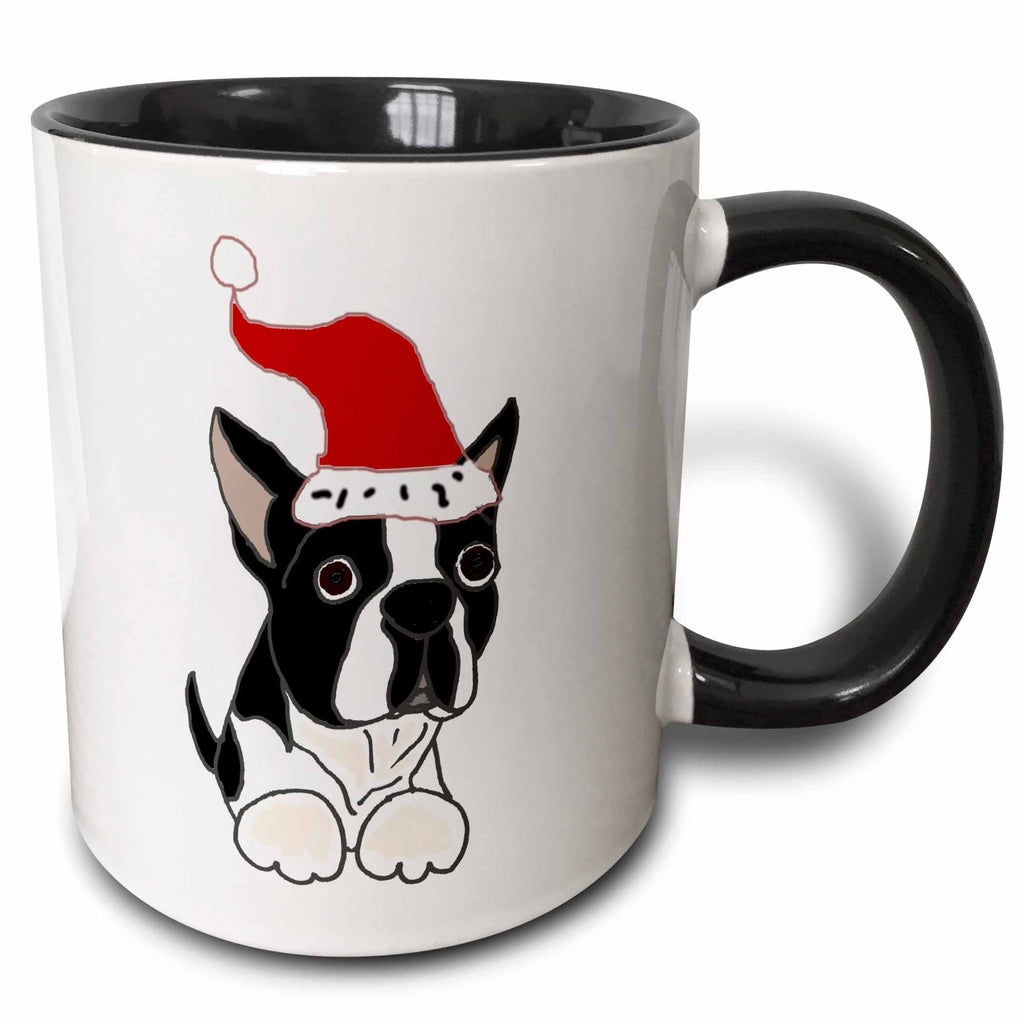 Two-tone black handle mug with Boston terrier in red Santa hat graphic