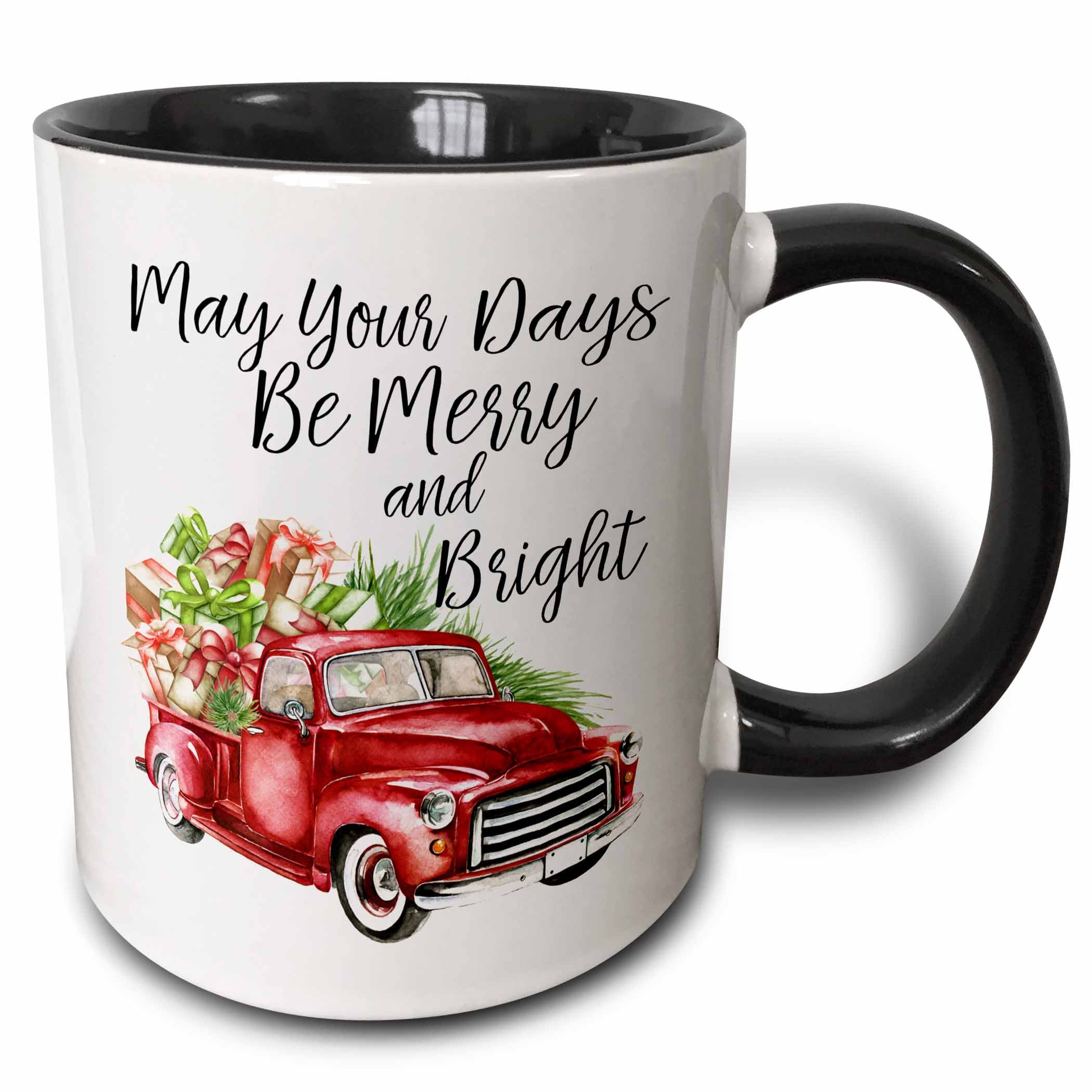 Two-tone black-handle Christmas mug with red truck and 'May your days be Merry and Bright'