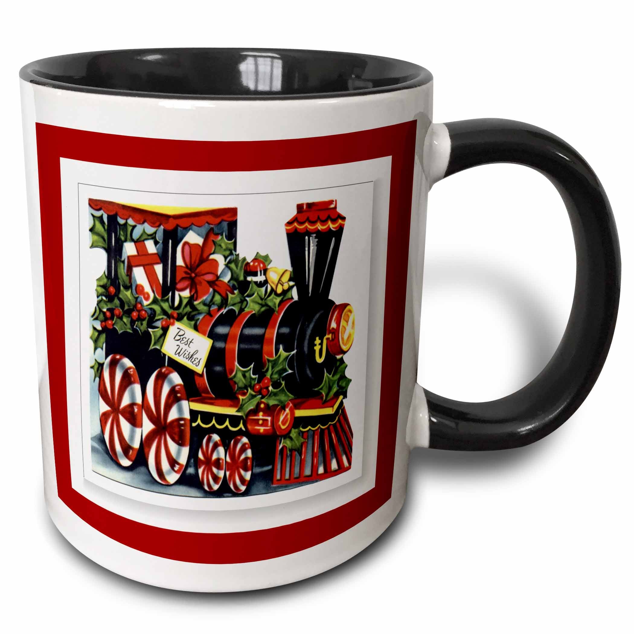 Black-trim two-tone mug with Christmas train graphic and red border