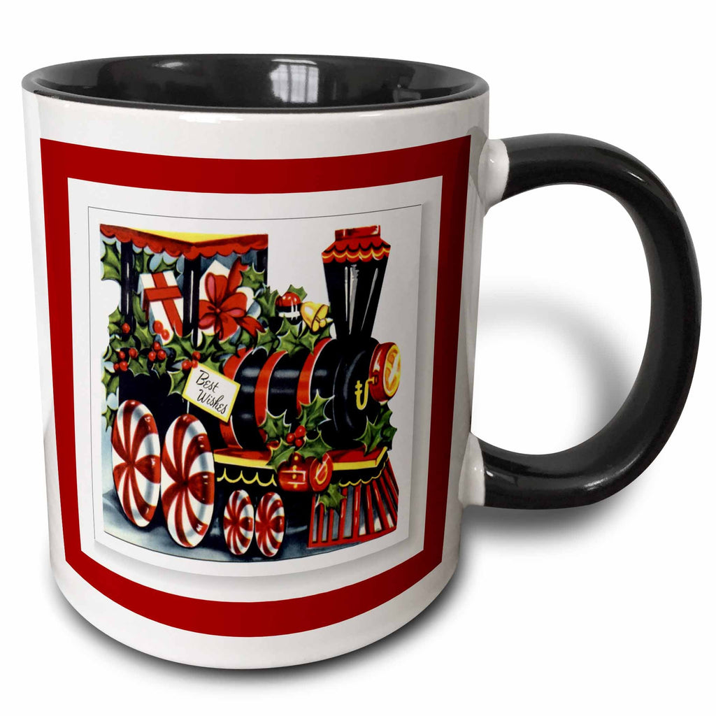 Black-handled Christmas train mug with white body and festive train illustration