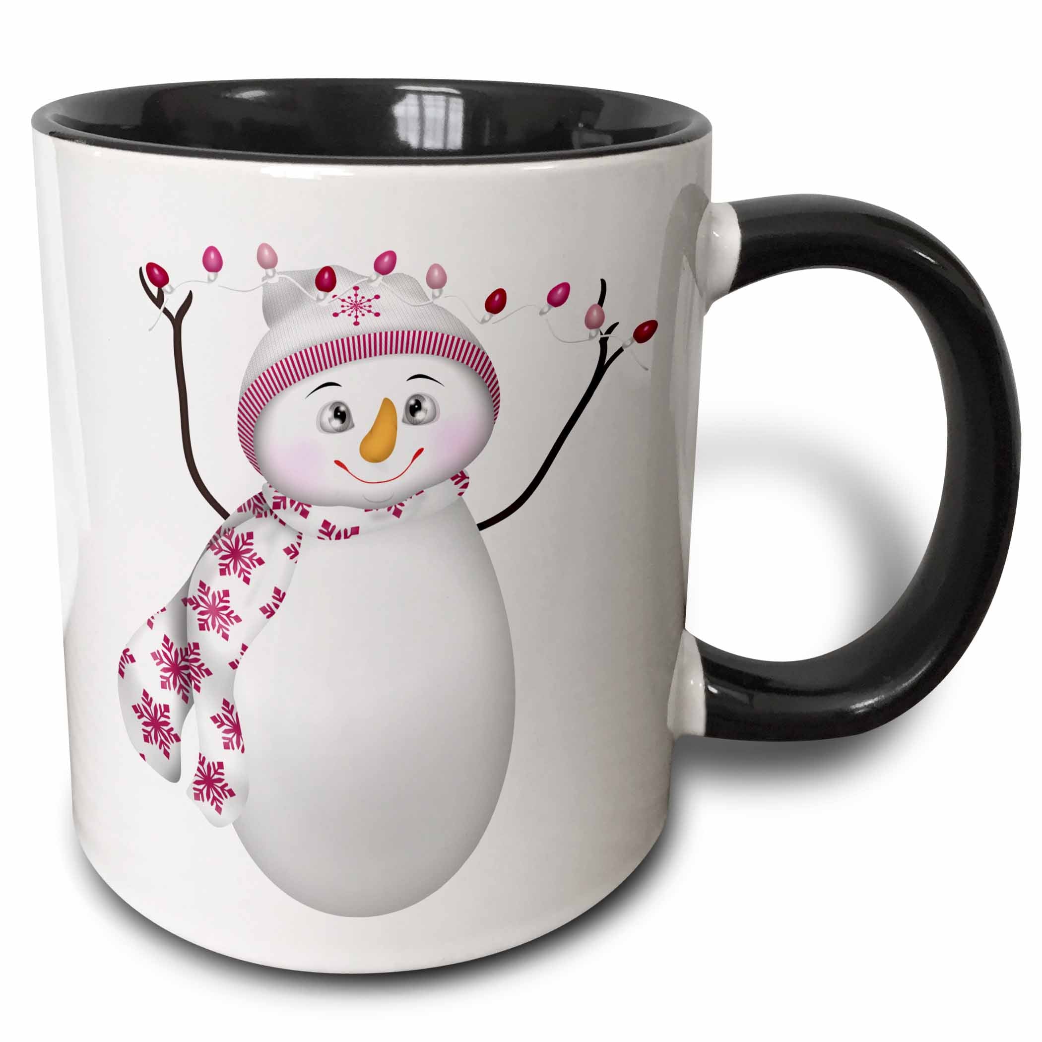 Black-and-white ceramic mug with smiling snowman and pink bulb lights