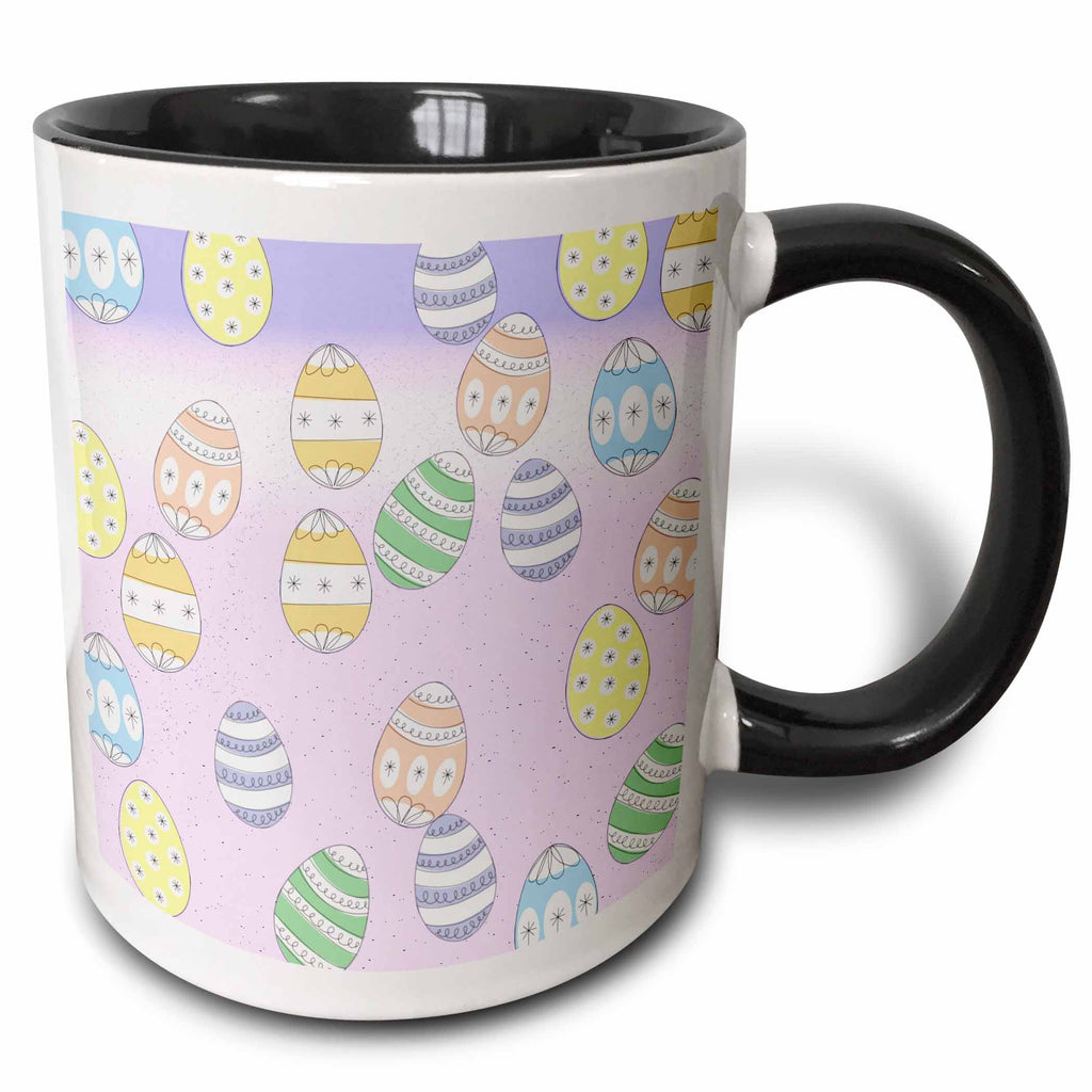 Easter egg pattern mug with black rim and handle, white body and purple background
