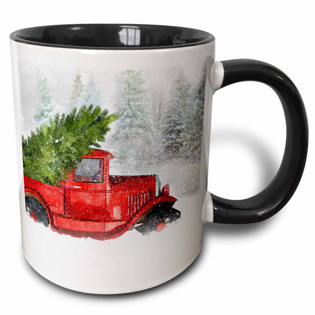 Ceramic mug with black interior and handle; red truck and evergreen in snowy scene