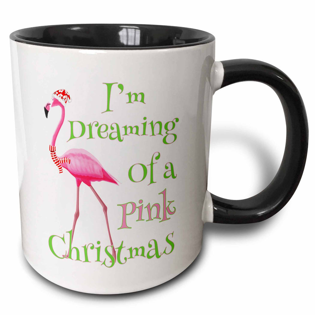 Two-tone black handle mug with pink flamingo and “I’m Dreaming of a Pink Christmas”