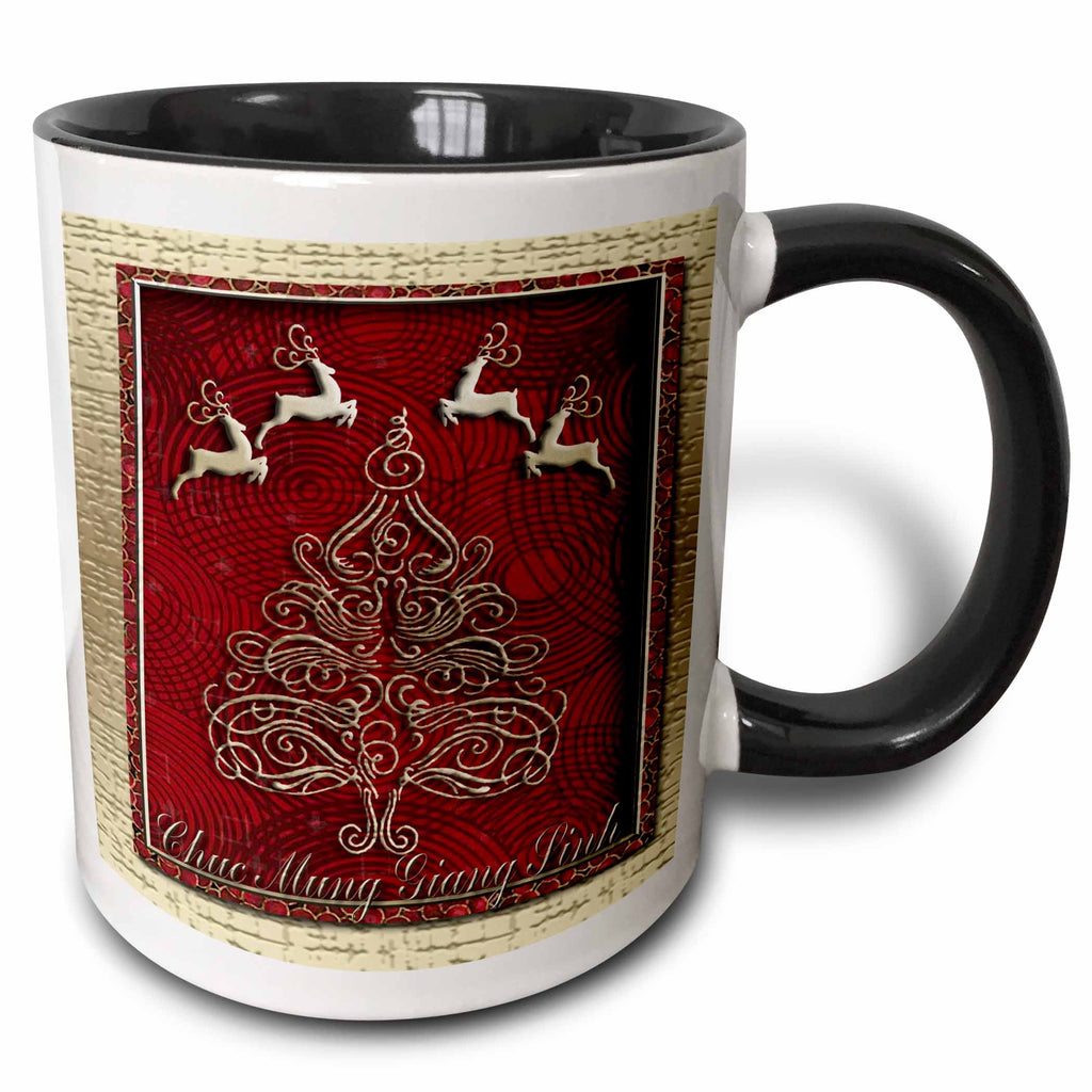 Two-tone black and white mug with red reindeer Christmas design, front view