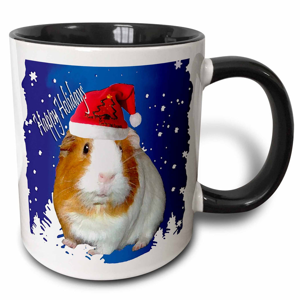 Two-tone black and white mug with guinea pig wearing red Santa hat on blue background