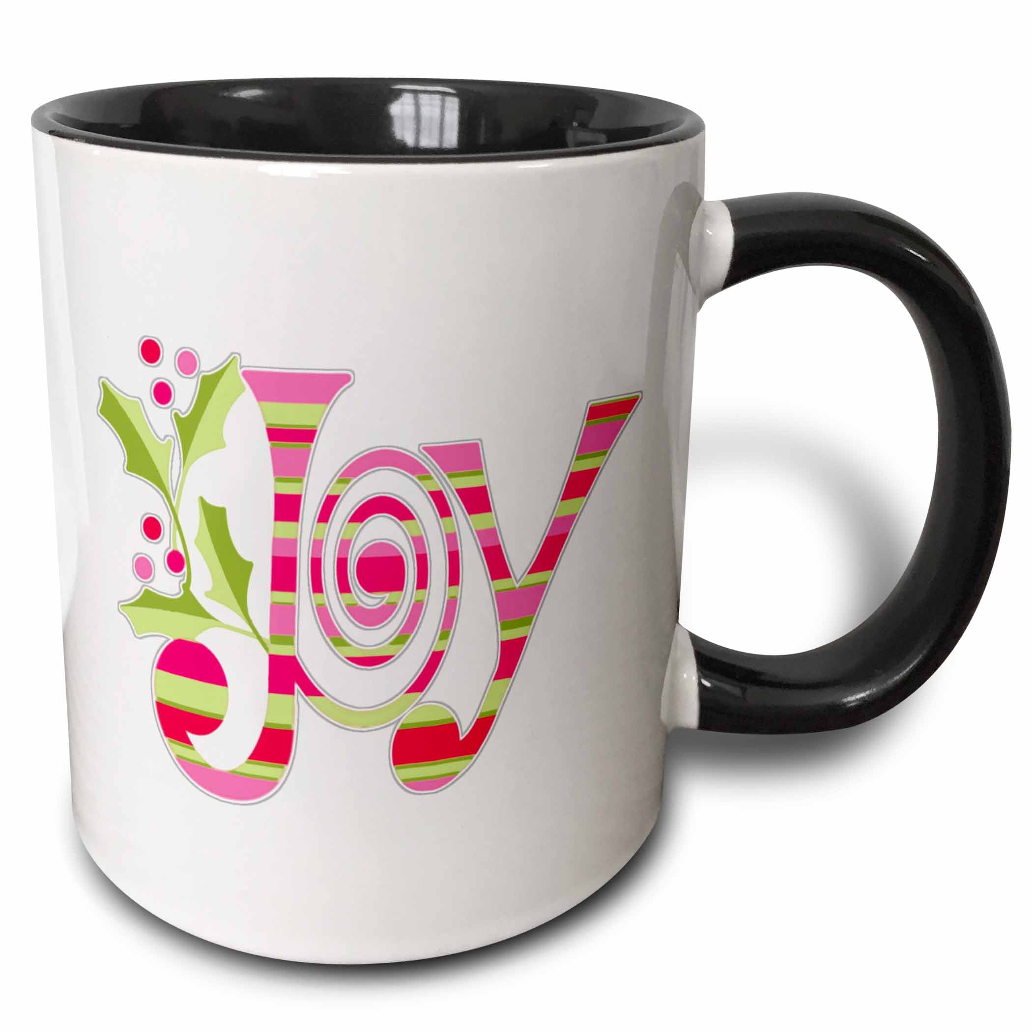 Two-tone ceramic mug with black interior and handle, featuring pink-and-green “Joy” design