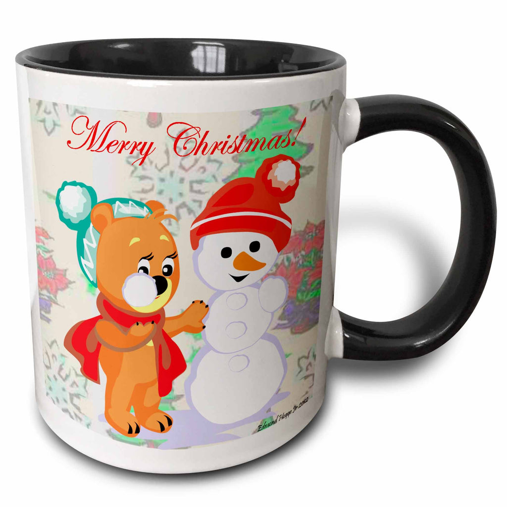 Black and white ceramic mug with bear and snowman artwork and 'Merry Christmas!' text