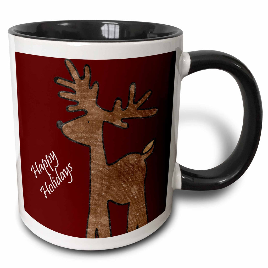 Two-tone Christmas mug with black interior and handle, reindeer and “Happy Holidays” art