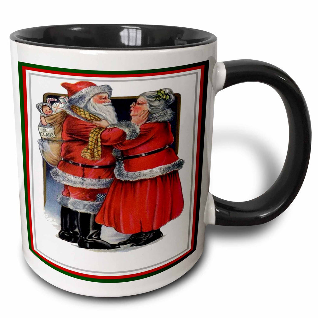 Two-tone black coffee mug with vintage-style Santa couple greeting and holding gift