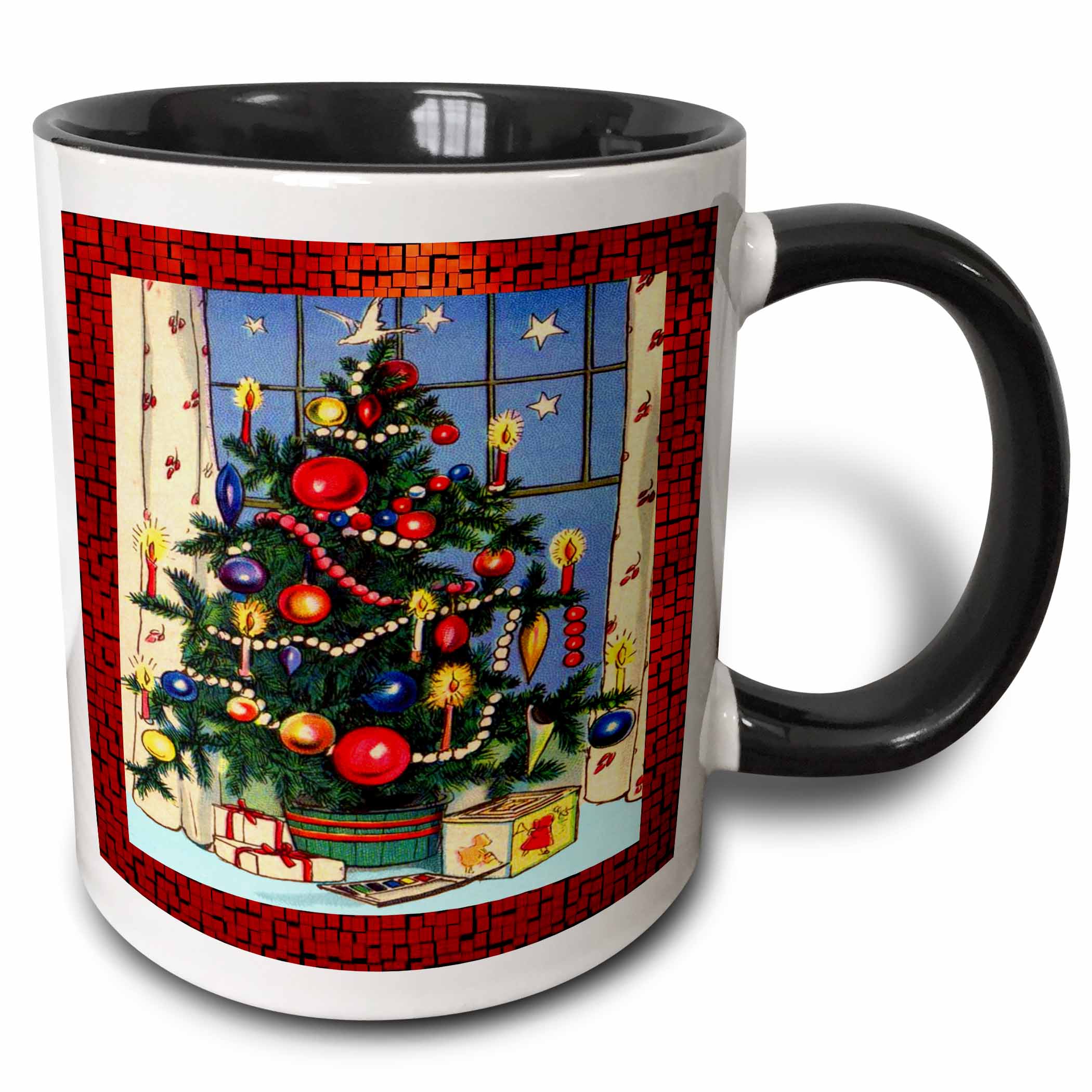 Black-handled Christmas mug with red border and vintage tree ornament scene