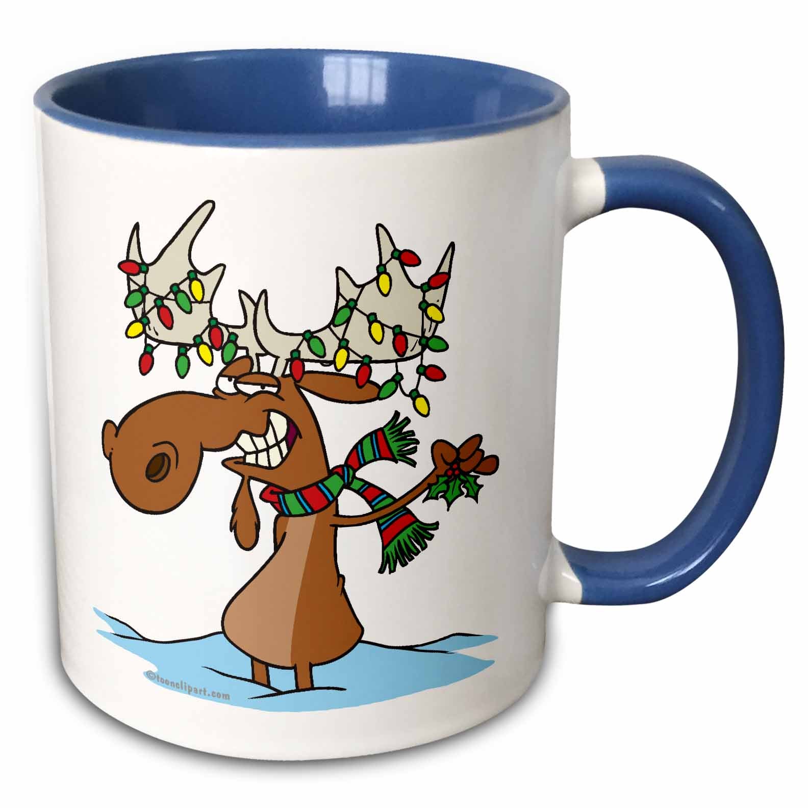 Two-tone blue mug with cartoon moose holding mistletoe and string lights