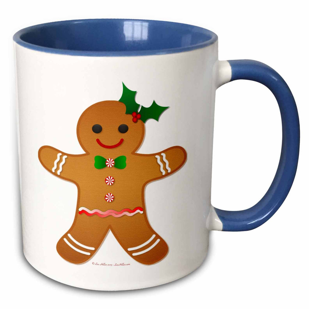 Two-tone blue and white Christmas gingerbread man cookie mug with holly