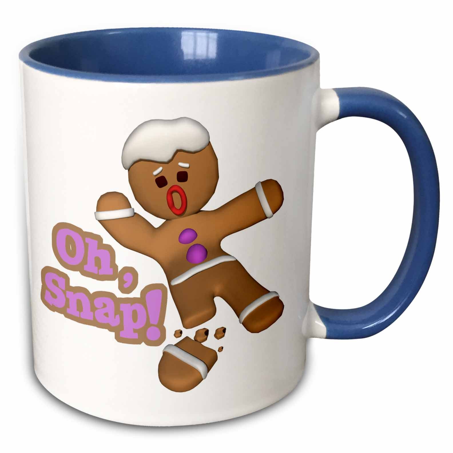 Blue and white mug with gingerbread Oh Snap! graphic and blue handle