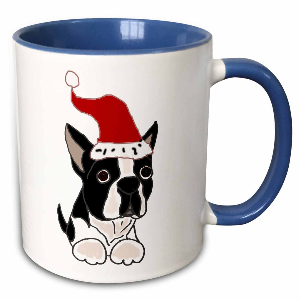 Two-tone blue handle mug with Boston terrier in red Santa hat graphic
