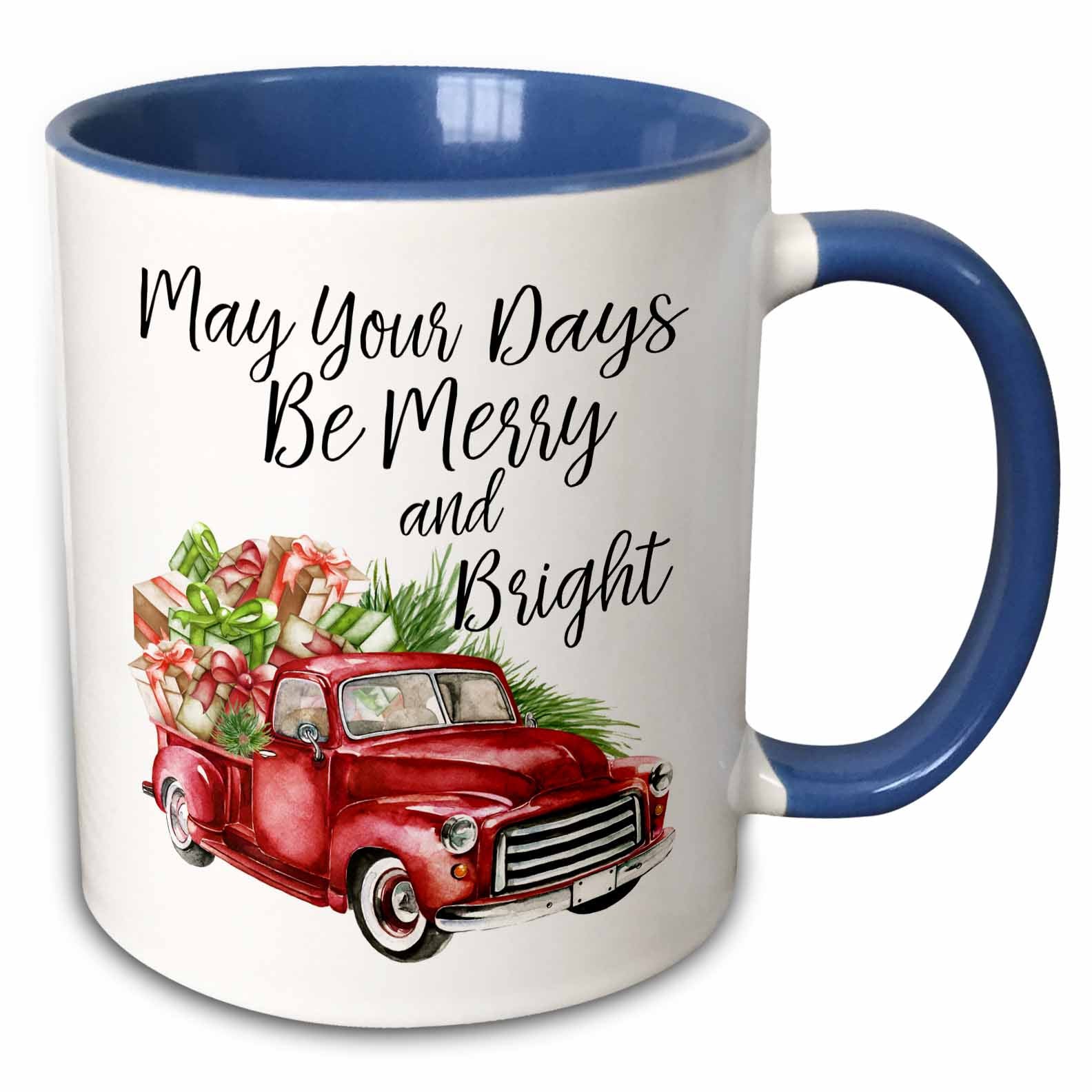 Two-tone Christmas truck mug, blue interior and handle; reads “May Your Days Be Merry and Bright”.