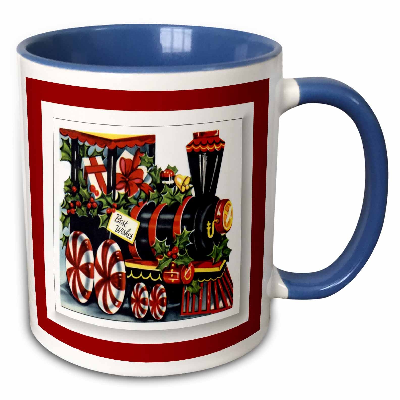 Blue-handled Christmas train mug with white body and festive train illustration