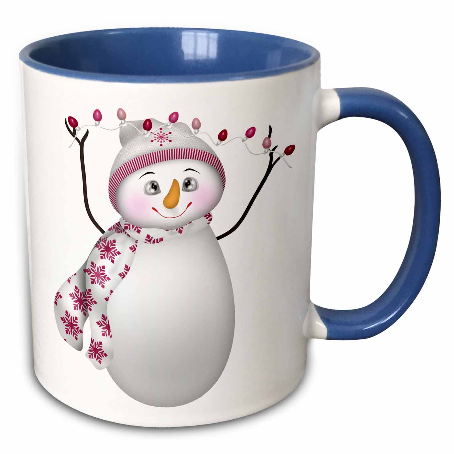 Blue-and-white ceramic mug with smiling snowman holding pink bulb lights