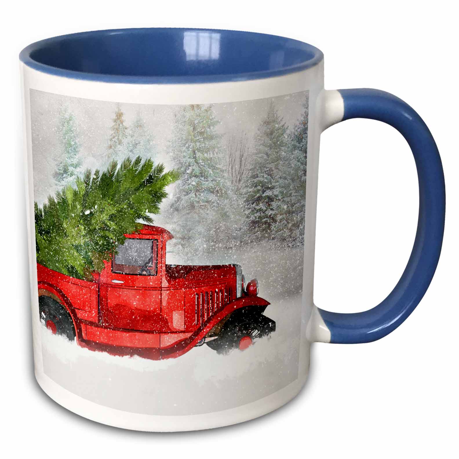 Blue-rim mug with vintage truck and Christmas tree in snowy forest artwork