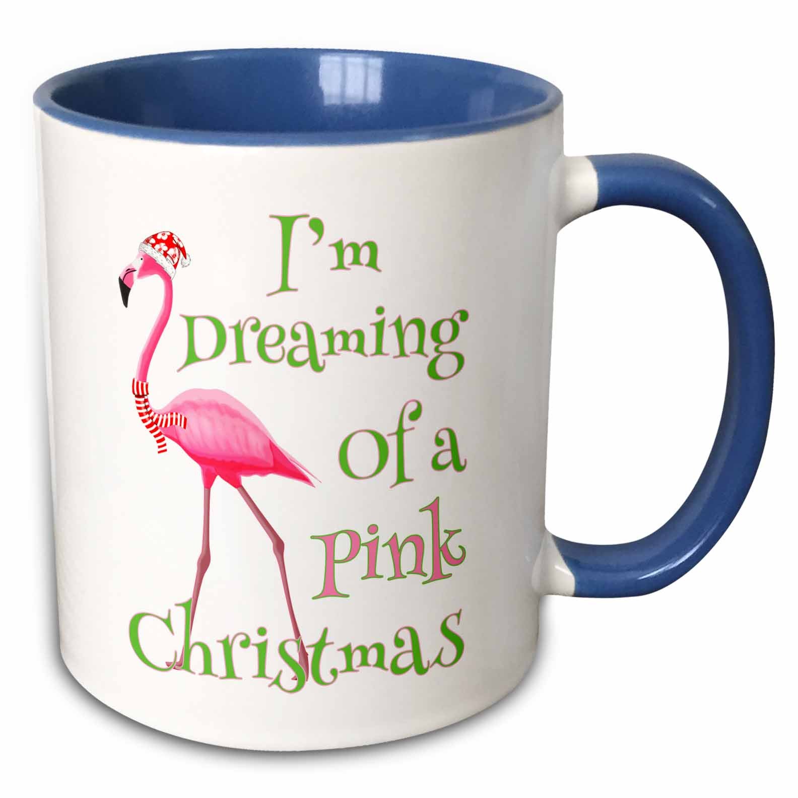 Two-tone blue handle mug with pink flamingo and “I’m Dreaming of a Pink Christmas”