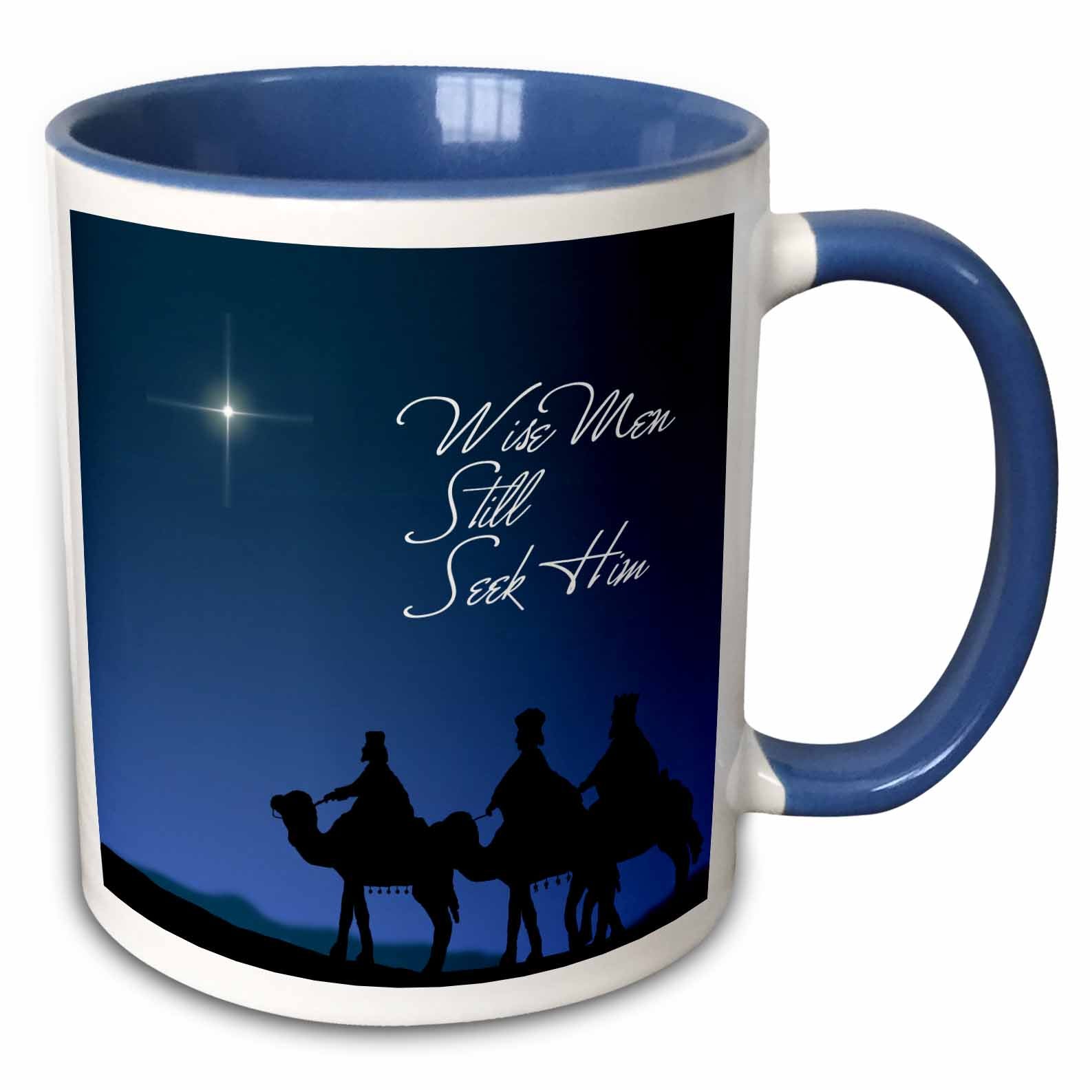 Blue-and-white two-tone mug with blue nativity scene and “Wise Men Still Seek Him”