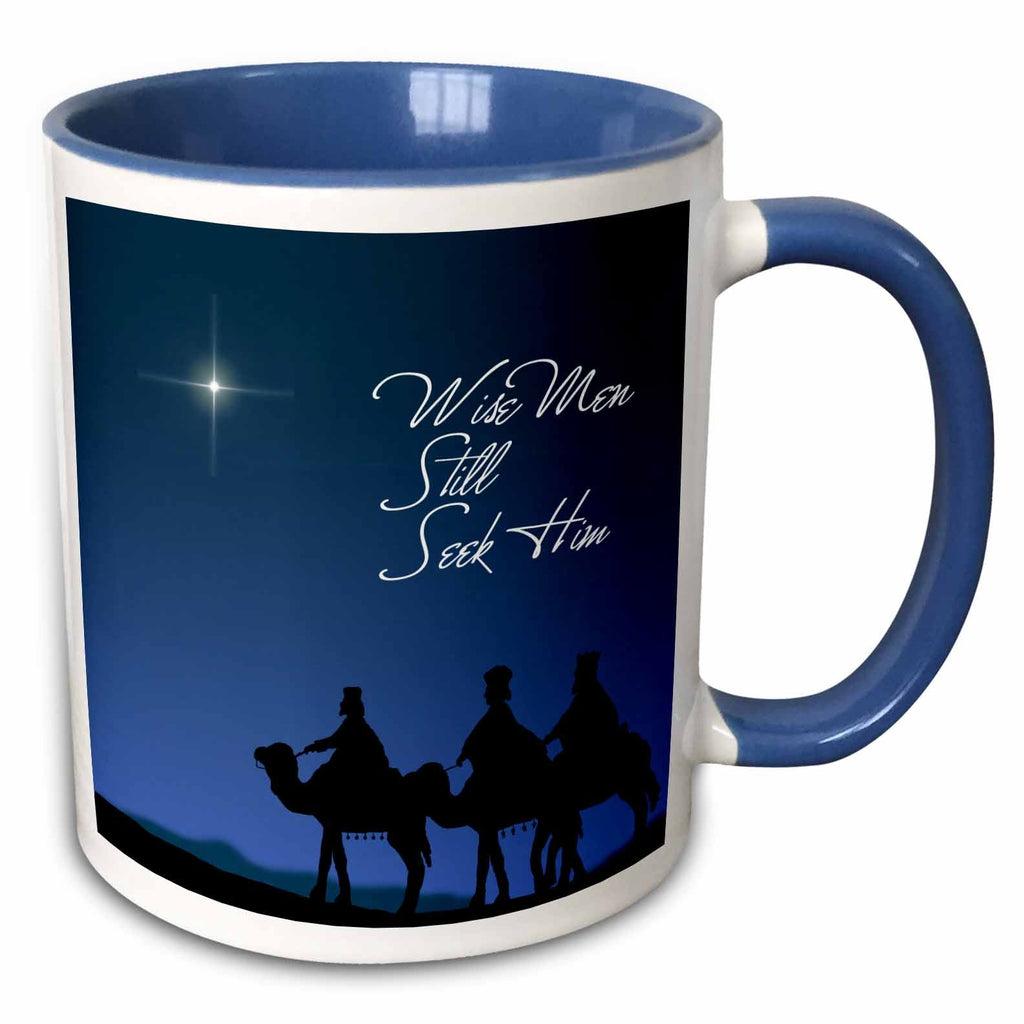 Blue two-tone mug with Wise Men Still Seek Him text and nativity silhouettes