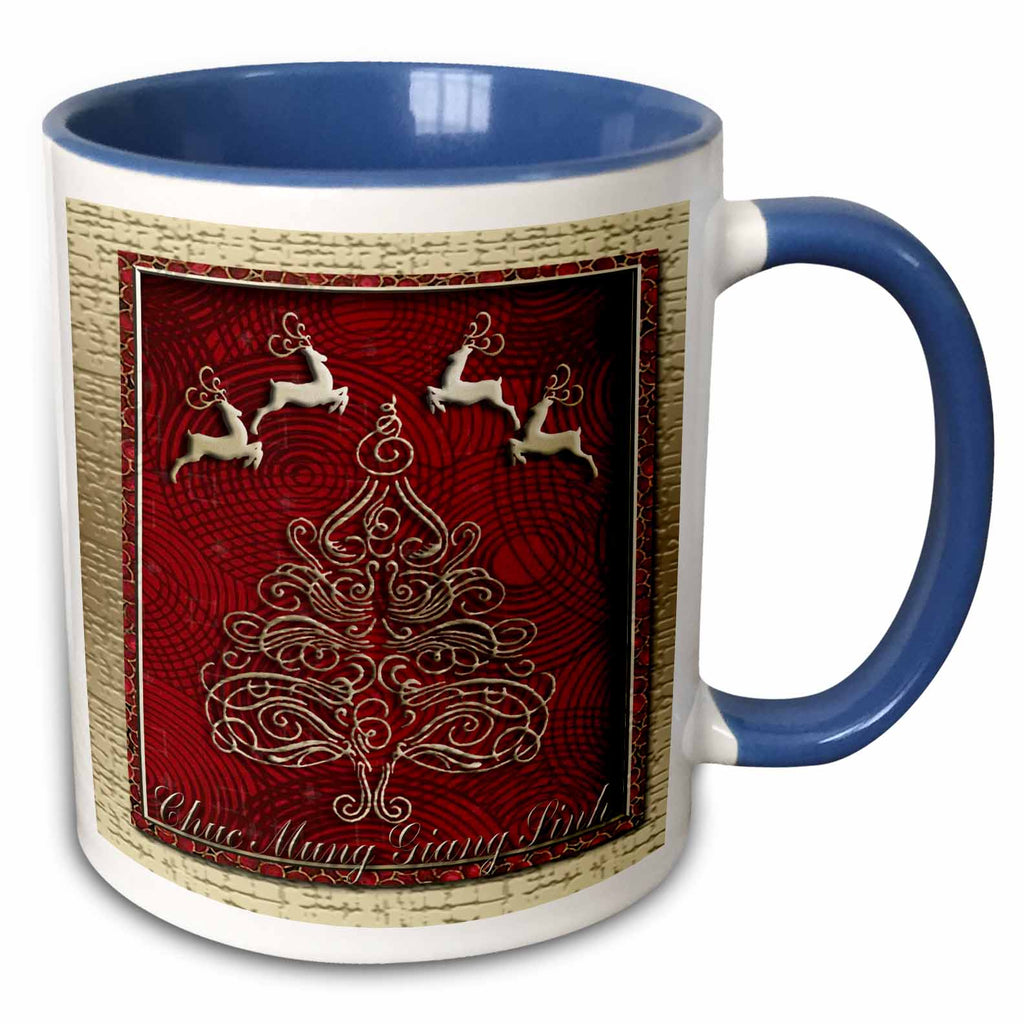 Blue-and-white ceramic mug with reindeer and Christmas tree graphic on front