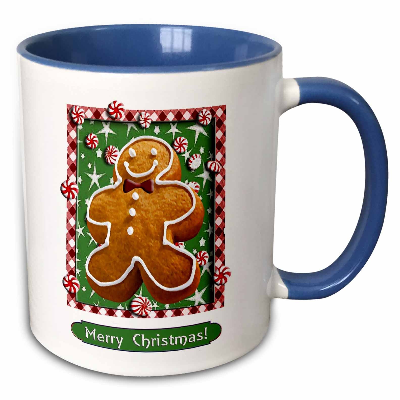 Christmas gingerbread boy mug with green background, blue rim and handle, “Merry Christmas!”
