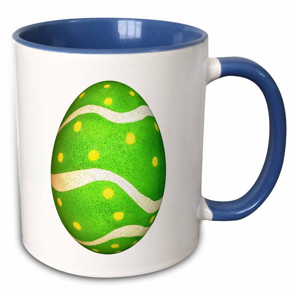 Two-tone blue and white ceramic mug with green Easter egg graphic