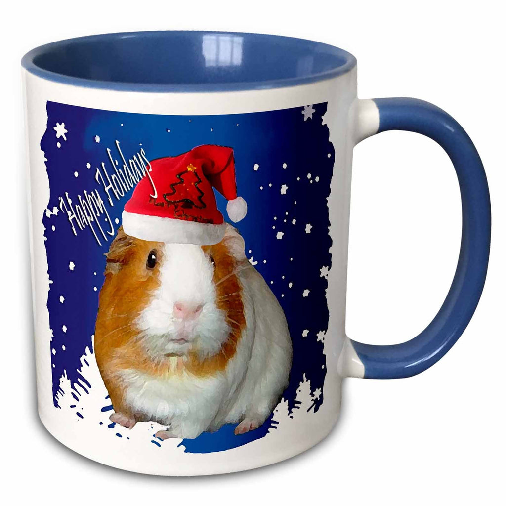Christmas guinea pig mug with red Santa hat on blue-and-white design, blue handle