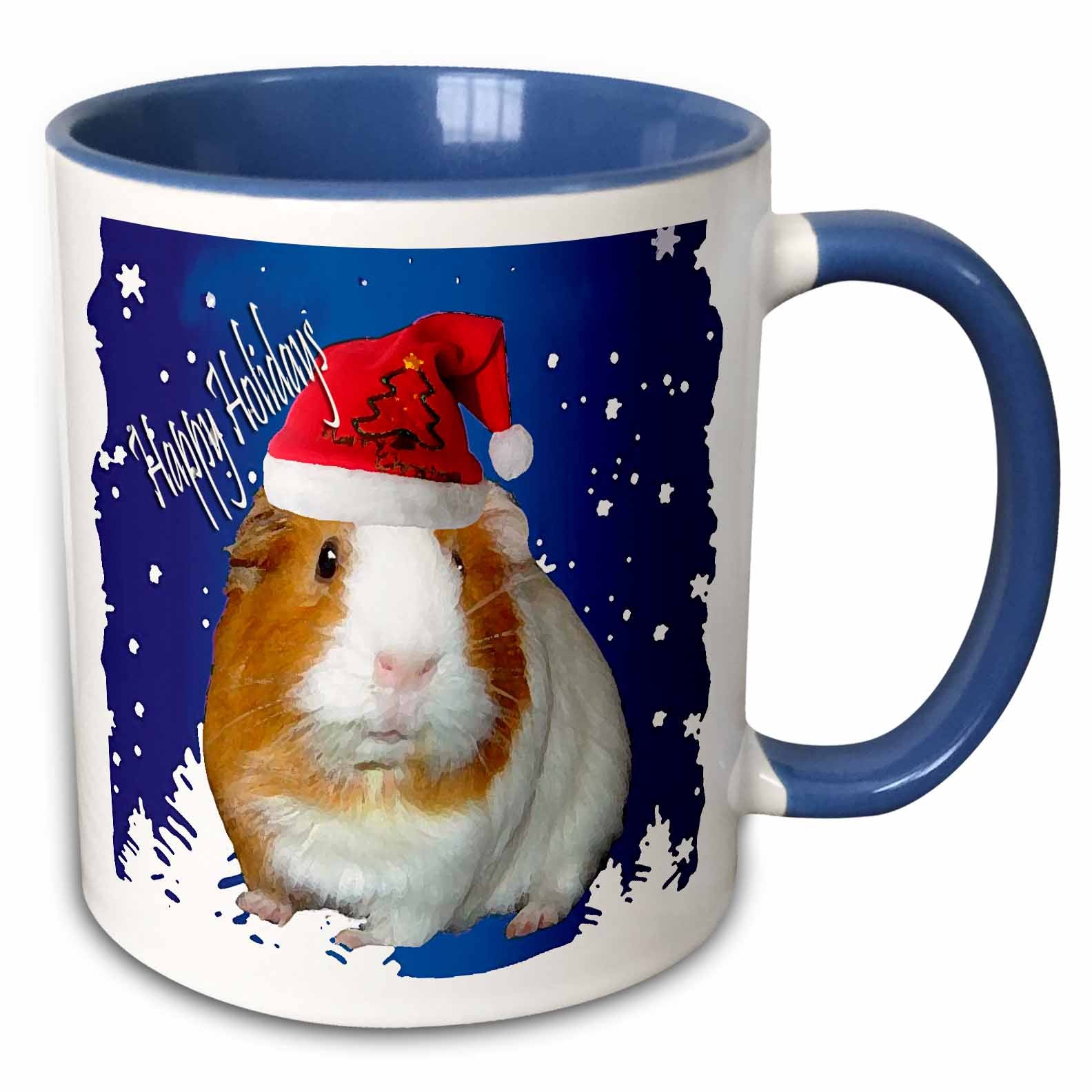 Christmas guinea pig mug with red Santa hat on blue-and-white design, blue handle