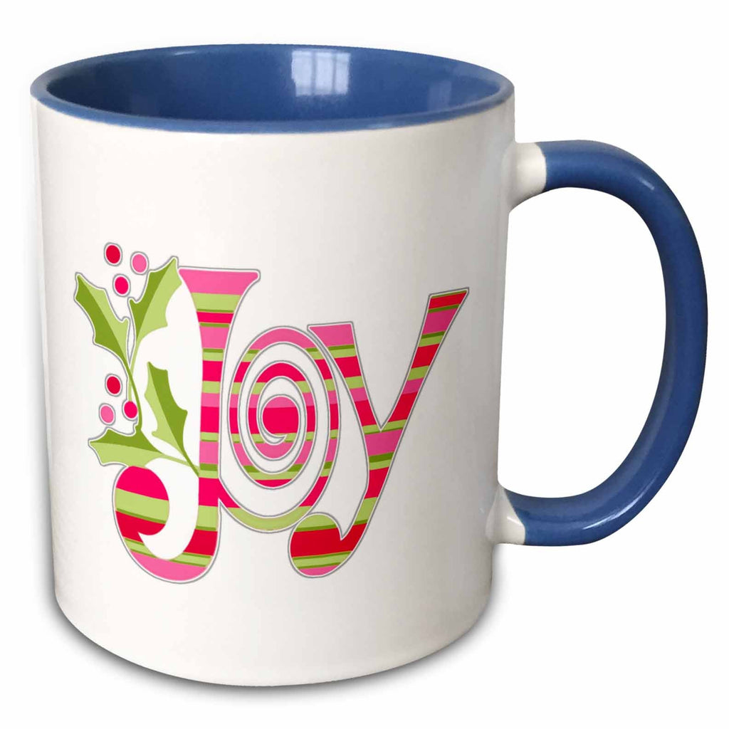 Two-tone ceramic mug with blue interior and handle, featuring pink-and-green “Joy” design