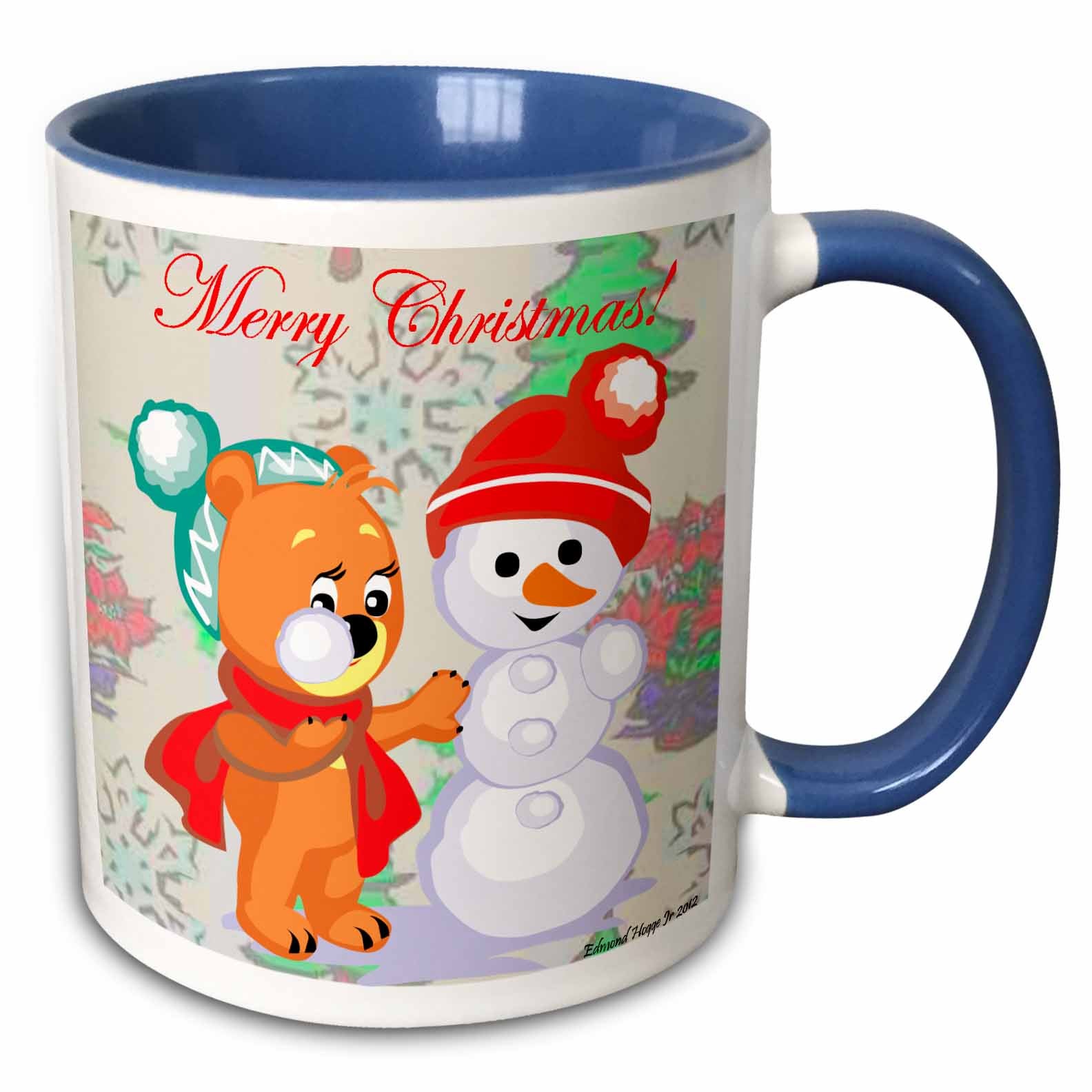 Blue and white Christmas mug with cute bear and snowman, Merry Christmas! design