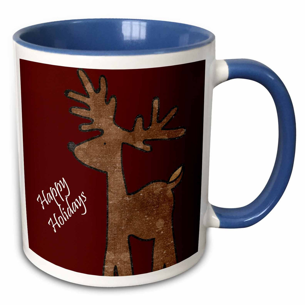 Two-tone Christmas mug with blue interior and handle, reindeer and “Happy Holidays” art