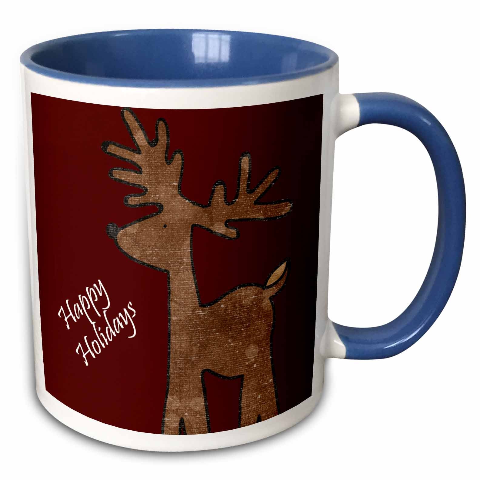 Two-tone Christmas mug with blue interior and handle, reindeer and “Happy Holidays” art