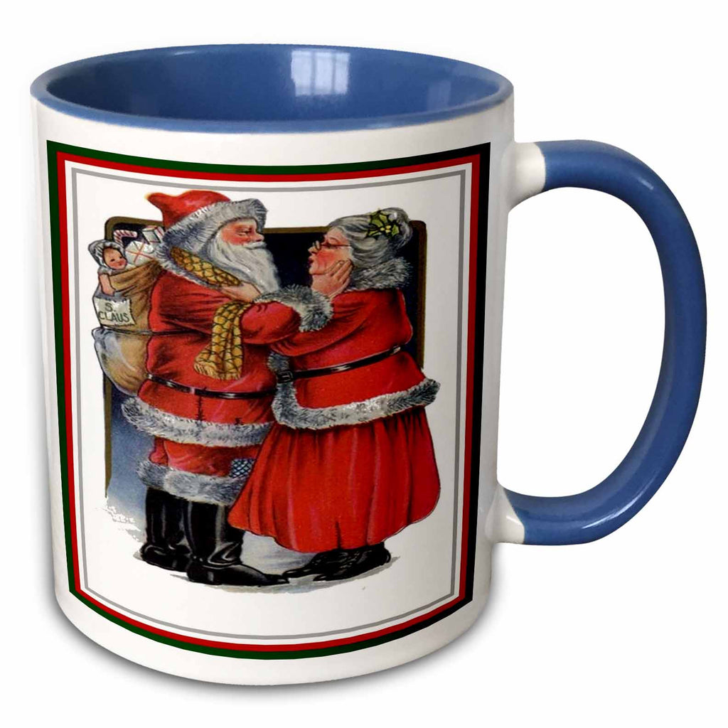 Two-tone blue coffee mug with vintage-style Santa couple greeting and holding gift