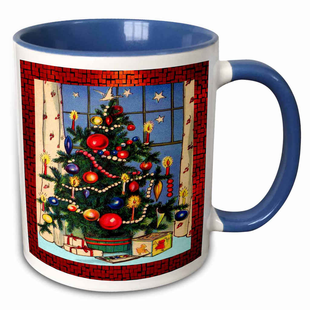 Two-tone blue mug with vintage Christmas tree scene and colorful ornaments