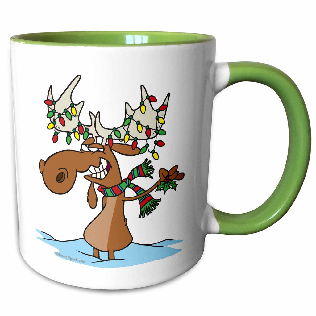 Green two-tone mug with cartoon moose holding Christmas lights and candy cane