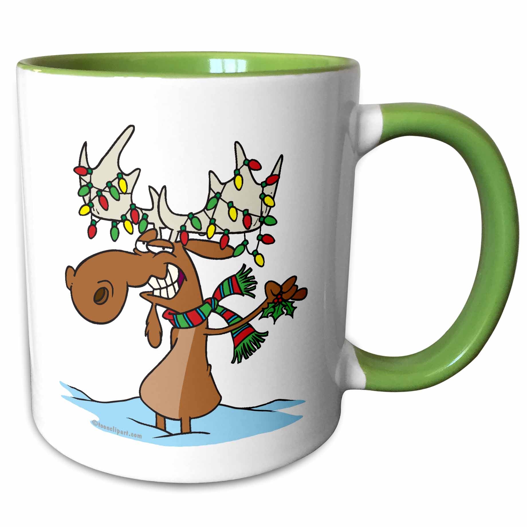 Two-tone green mug with cartoon moose holding mistletoe and string lights