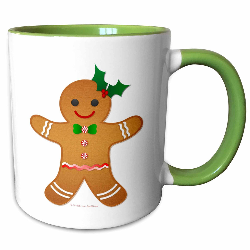 Christmas gingerbread man mug with green handle, holly bow detail