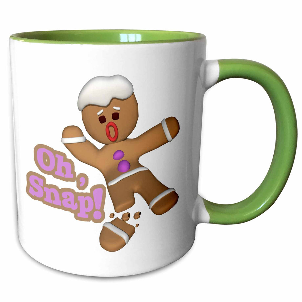 Green and white mug with gingerbread Oh Snap! graphic and green handle