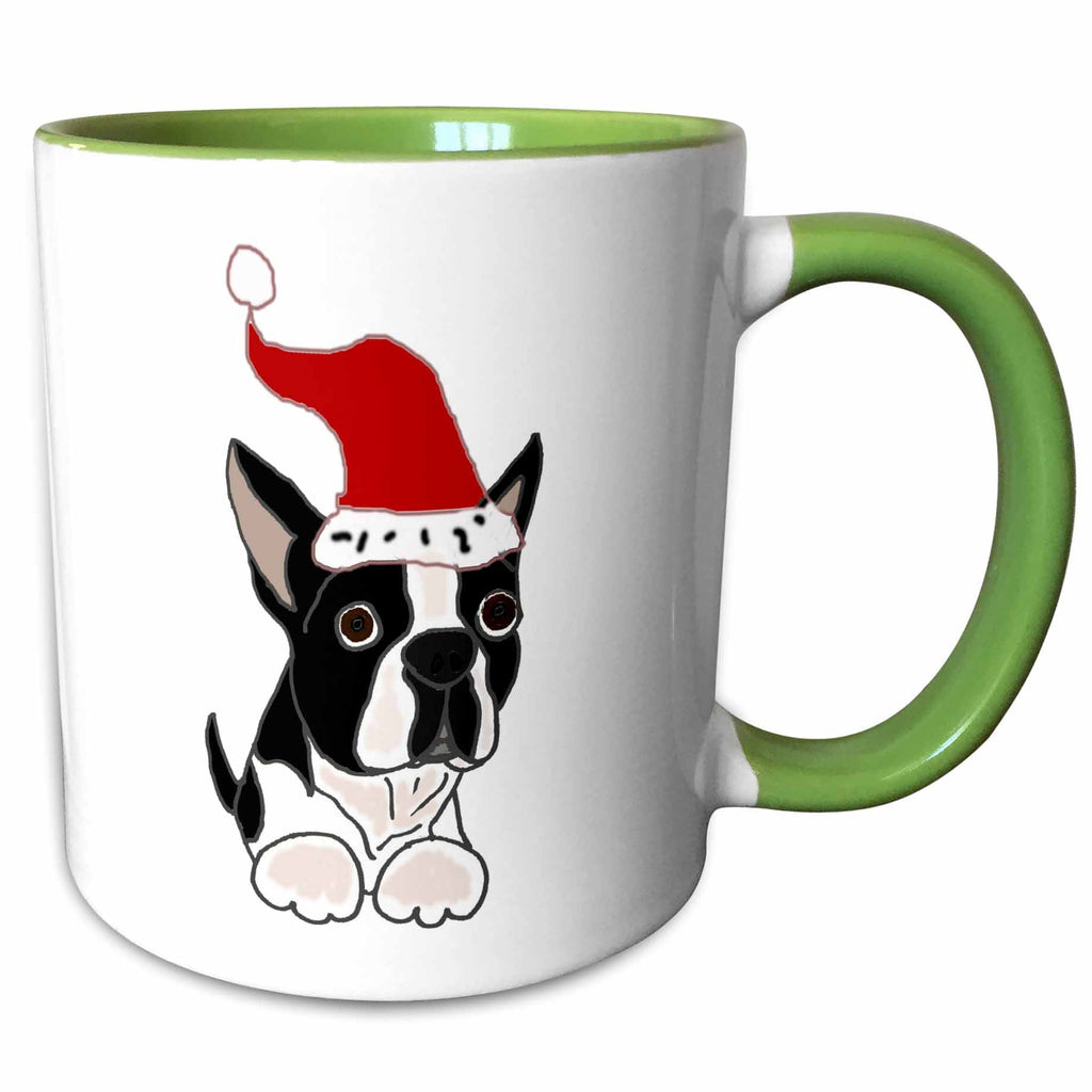 Two-tone green handle mug with Boston terrier in red Santa hat graphic